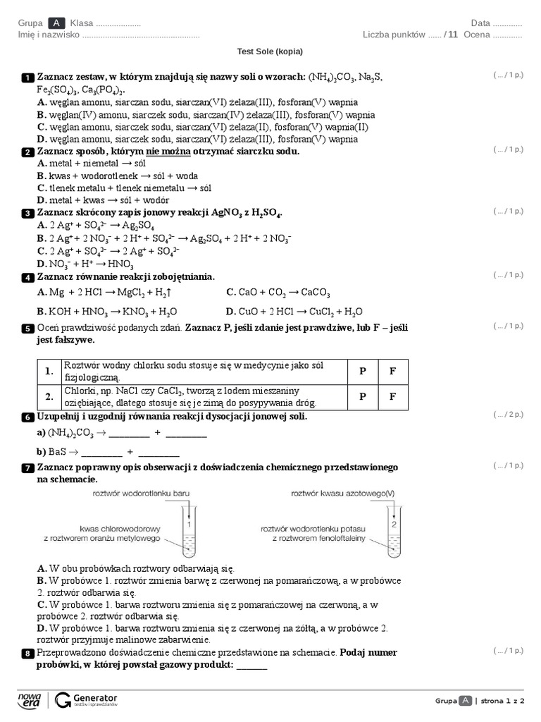 Reakcje Chemiczne W Roztworach Wodnych Sprawdzian Grupa B
