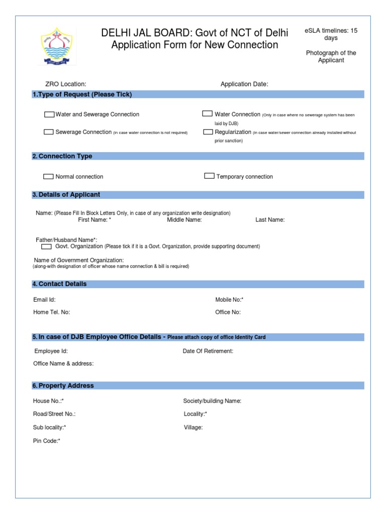 Delhi Jal Board: Govt of NCT of Delhi Application Form For New ...