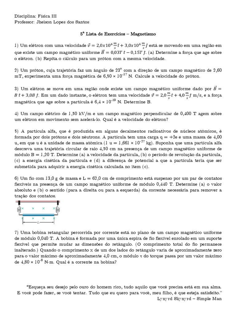 Lista de Exercícios sobre Magnetismo e Eletromagnetismo | PDF ...