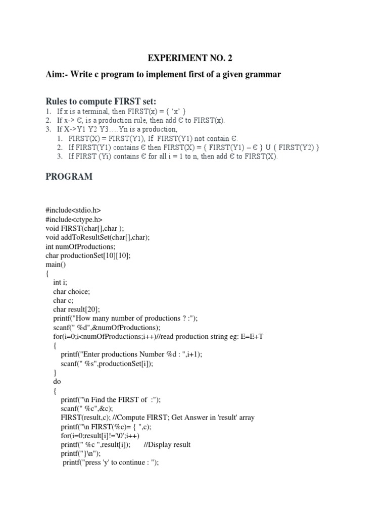 Experiment No. 2 Aim:-Write C Program To Implement First of A Given ...