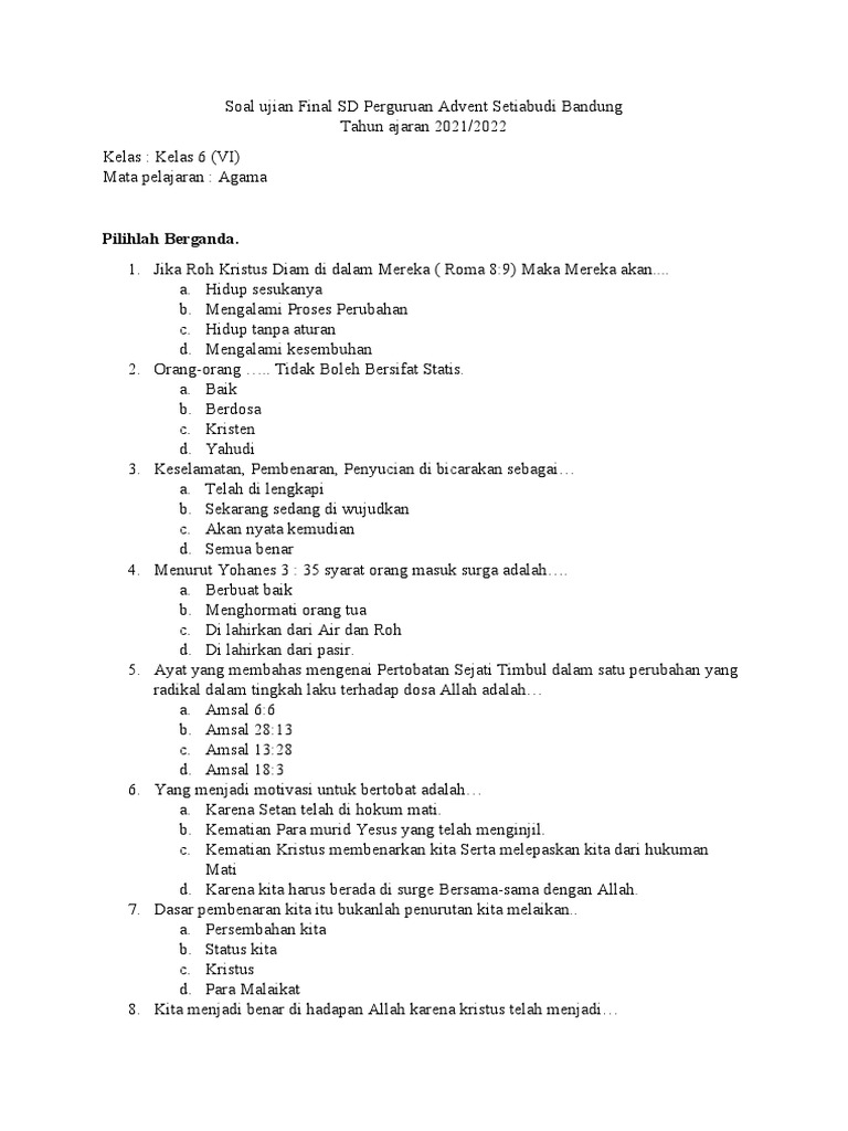 Ujian Akhir Semester Agama Kelas 6 Sd Perguruan Advent Bandung Pdf