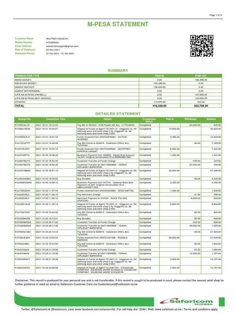 M-PESA Statement for Wilfred Ongech | PDF | Receipt | Money