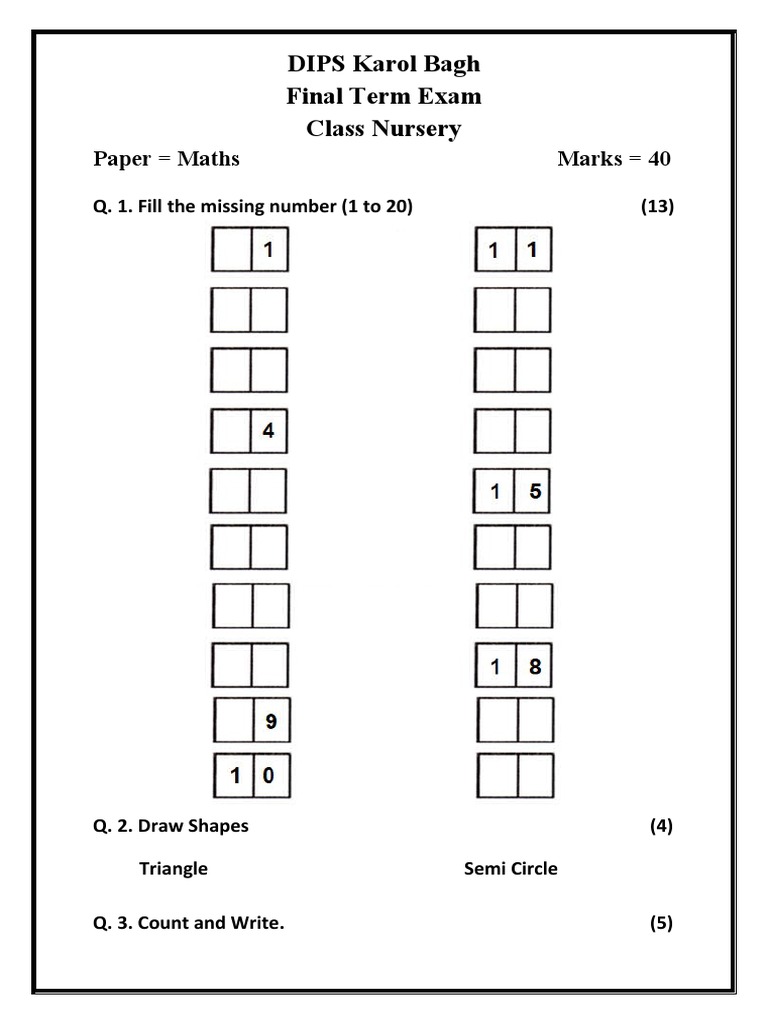 DIPS Karol Bagh Final Term Exam Class Nursery Paper Maths Marks 40 PDF