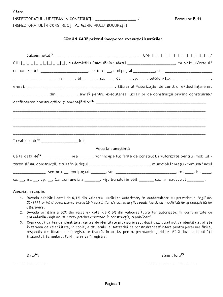 Formular F.14 Comunicare Privind Inceperea Executiei Lucrarilor | PDF