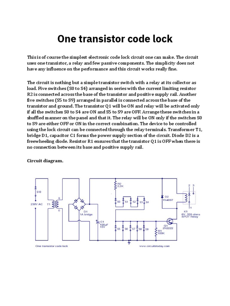 Simple One Transistor Code Lock | PDF