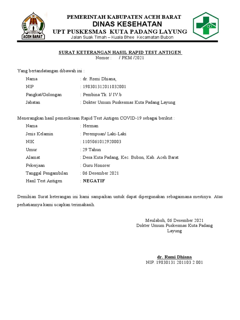 Contoh Surat Hasil Tes Swab Antigen PDF