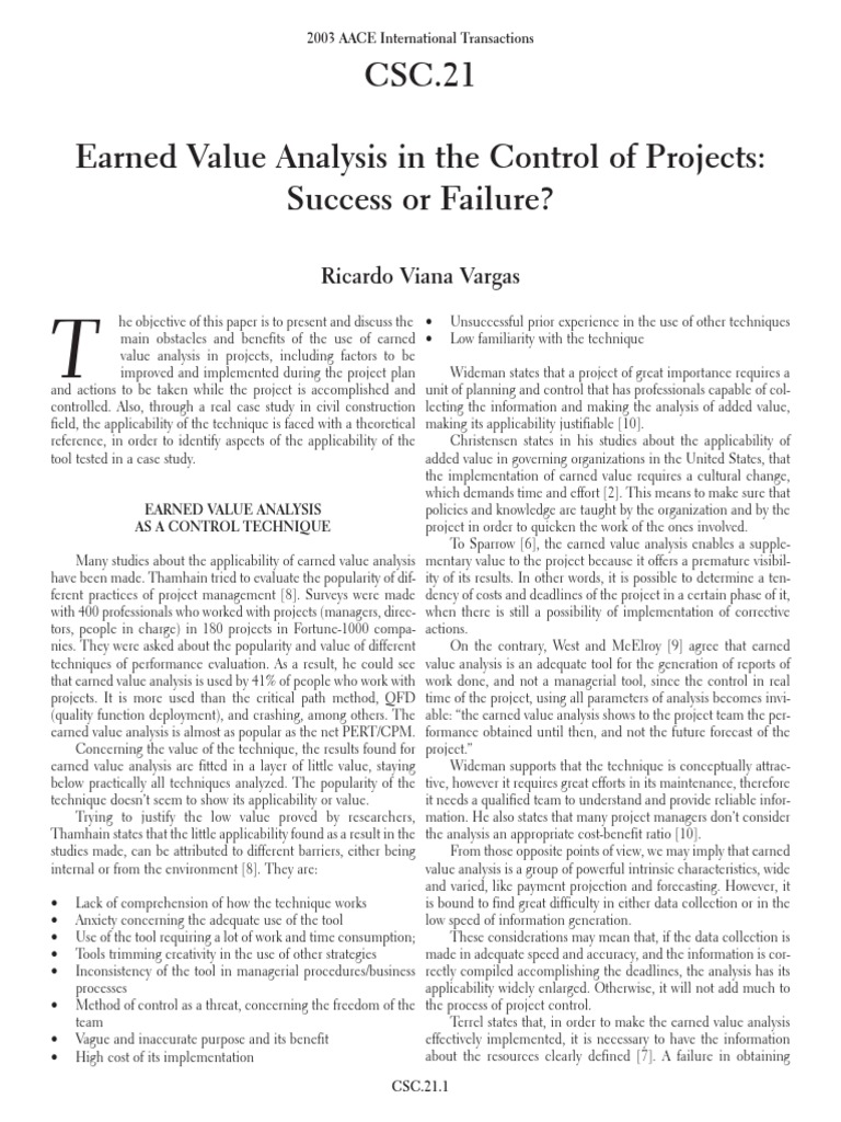 Earned Value Analysis in Project Management | PDF | Cost–Benefit ...