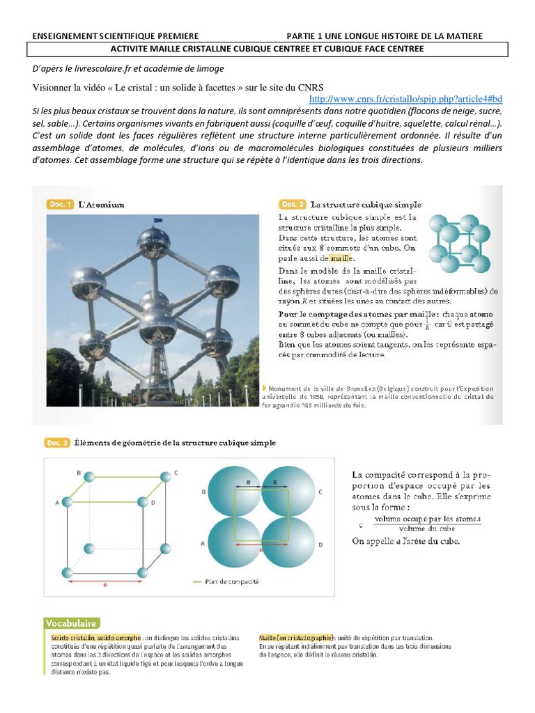 Des édifices Ordonnés Les Cristaux Exercices Corrigés Activité 1 La Maille Cristalline | PDF | Structure cristalline | Cristal