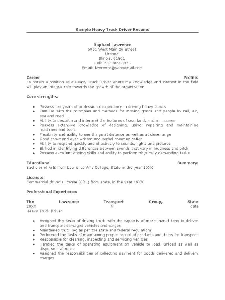 Heavy Truck Driver Resume Sample | PDF | Truck | Truck Driver