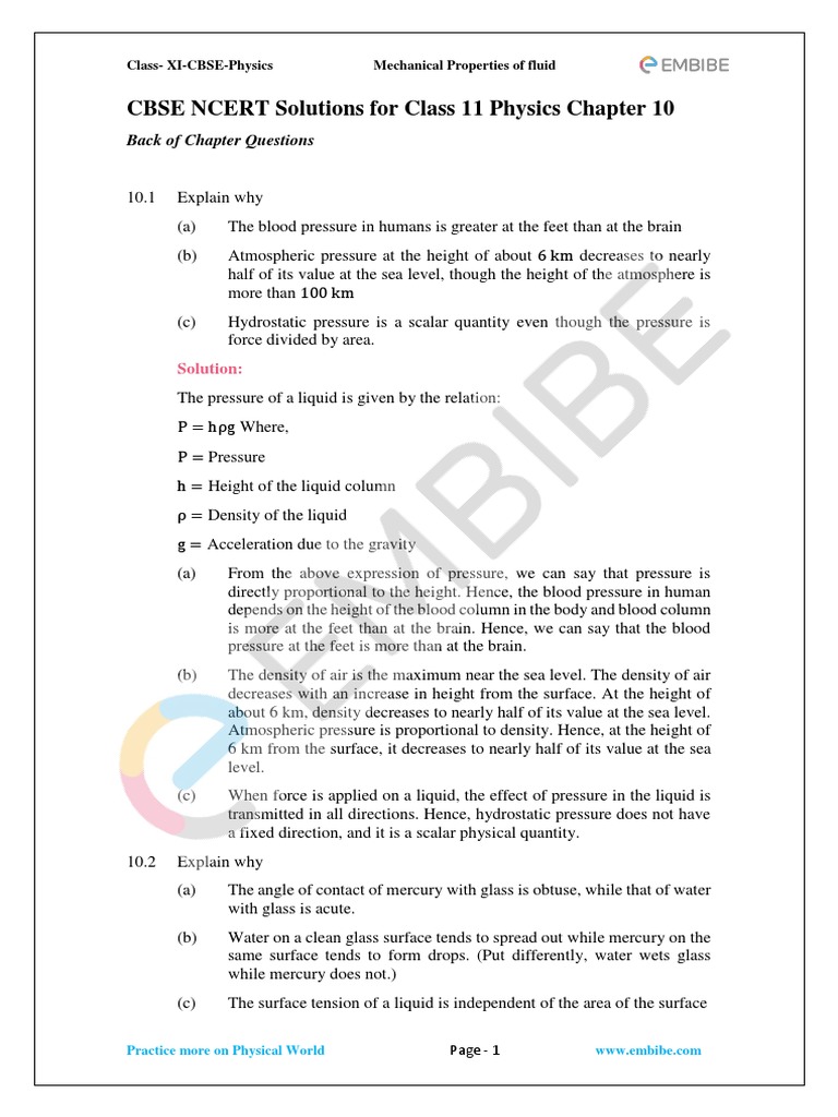 NCERT Grade 11 Physics CH 10 Mechanical Properties of Fluid PDF