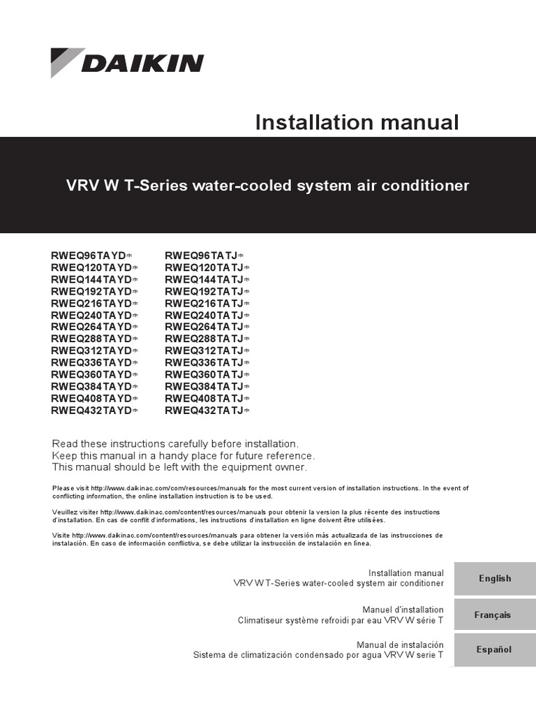 Installation Manual VRV W TSeries WaterCooled System Air Conditioner PDF Electrical