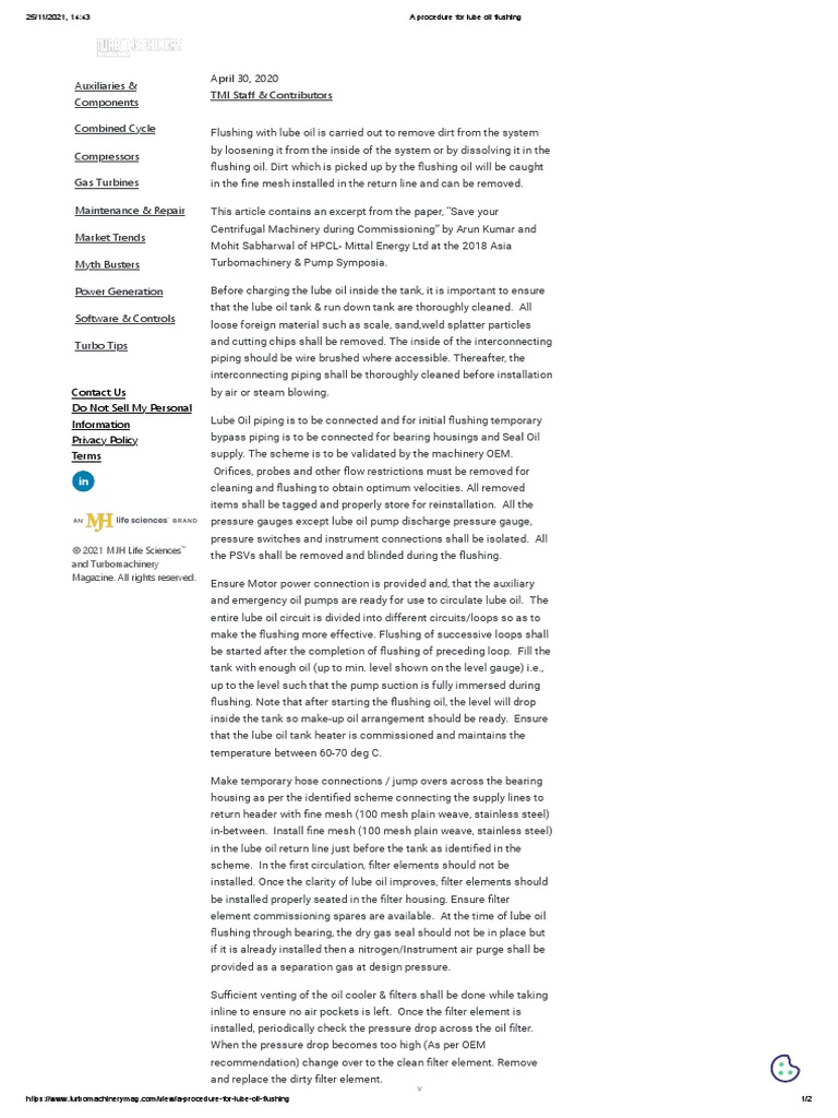 A Procedure For Lube Oil Flushing PDF Pump Lubricant