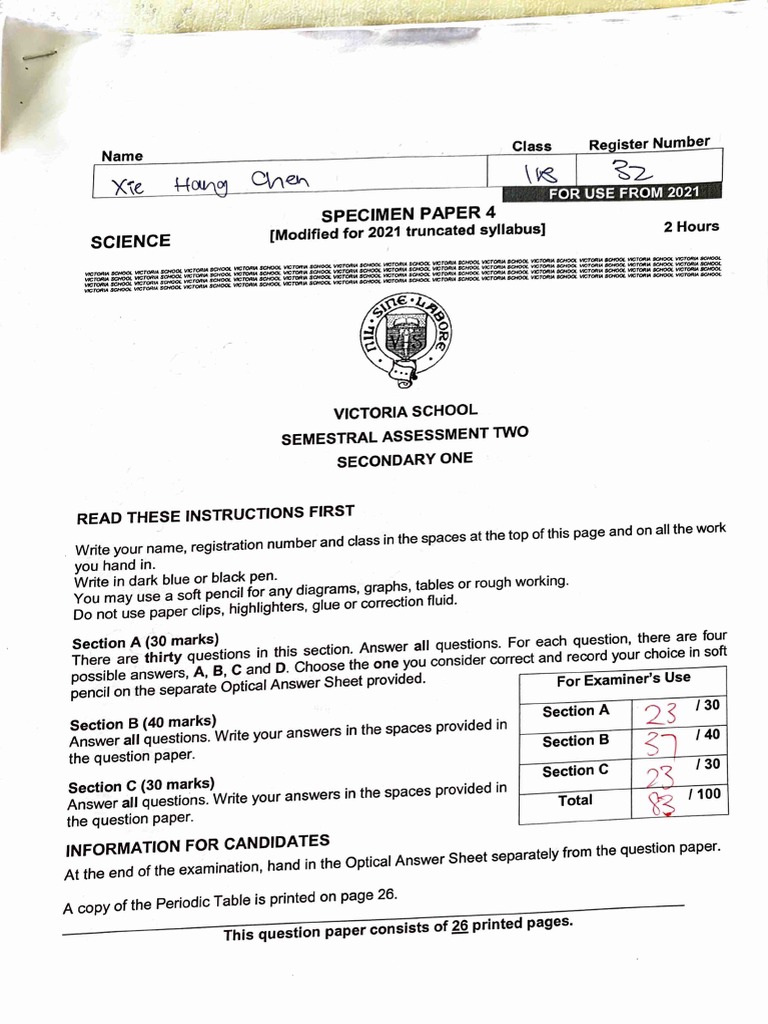 Secondary One Science Specimen Paper | PDF | Gases | Chemistry
