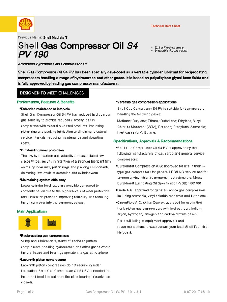 Shell Gas Compressor Oil s4 PV 190 TDS PDF Gases Lubricant