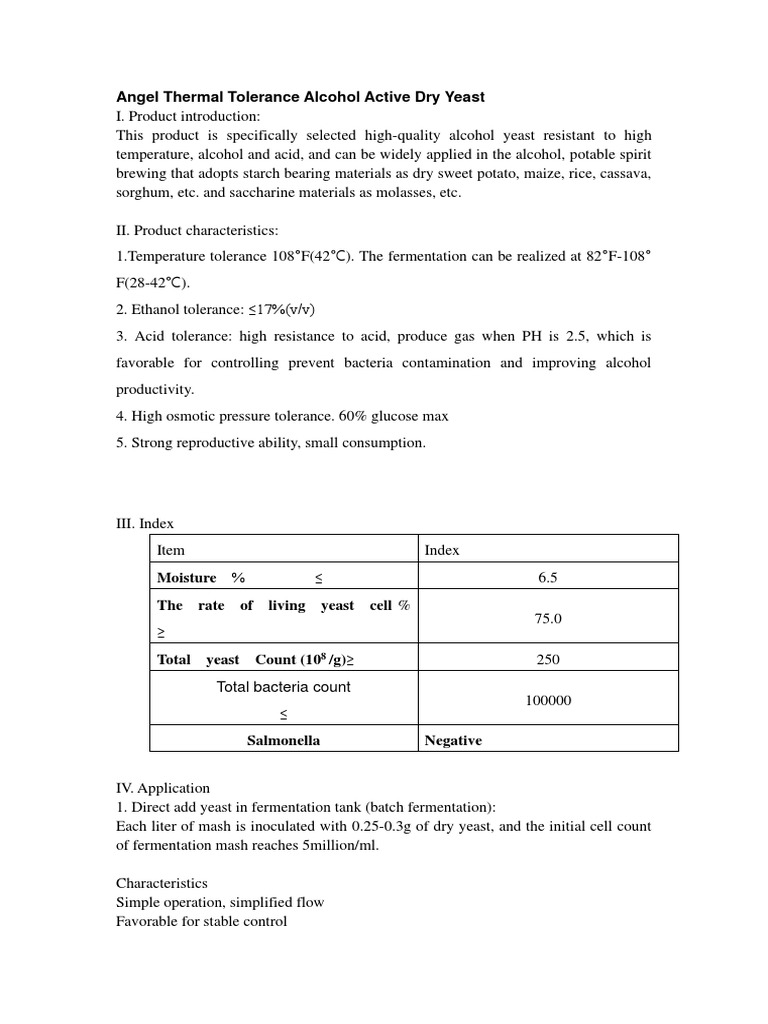 Angel Thermal Tolerance Alcohol Active Dry Yeast PDF