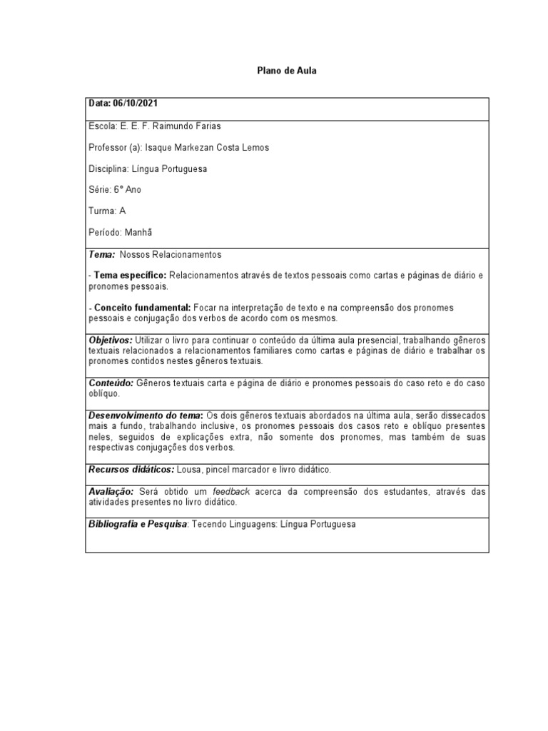 Plano de Aula - Português 6° Ano 06 de Outubro - 2021 | PDF