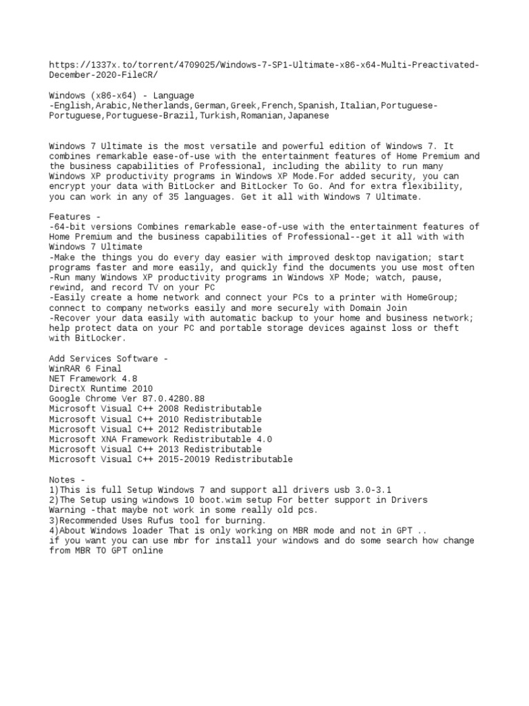 Windows 7 SP1 Ultimate (X86-X64) Multilanguage Preactivated.