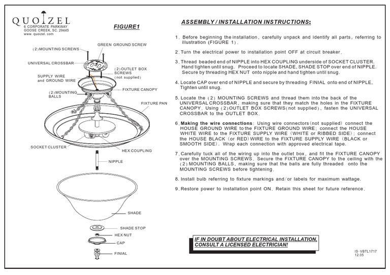 Assembly / Installation Instructions:: 2 Mounting Screws Green Ground ...