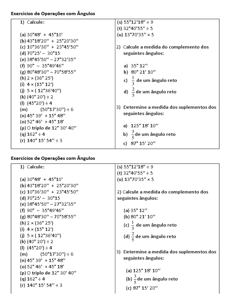 Exercícios de Operações com Ângulos: Adição, Subtração, Multiplicação ...