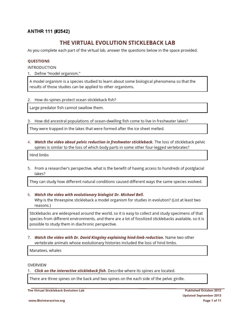 The Virtual Evolution Stickleback Lab ANTHR 111 (2542) PDF P