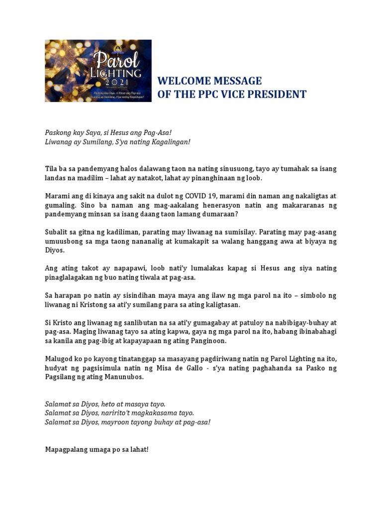 Welcome Message For Parol Lighting | PDF