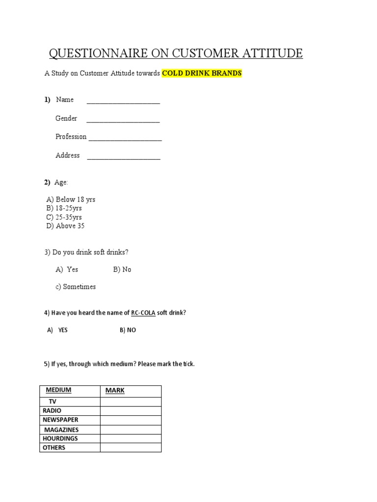 Questionnaire On Customer Attitude PDF Product Introductions Soft