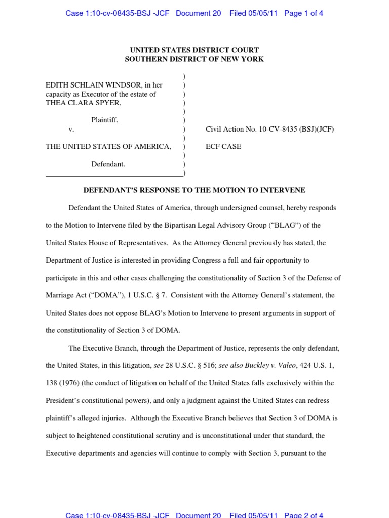 US Response to DOMA Intervention Motion | PDF | Bipartisan Legal ...