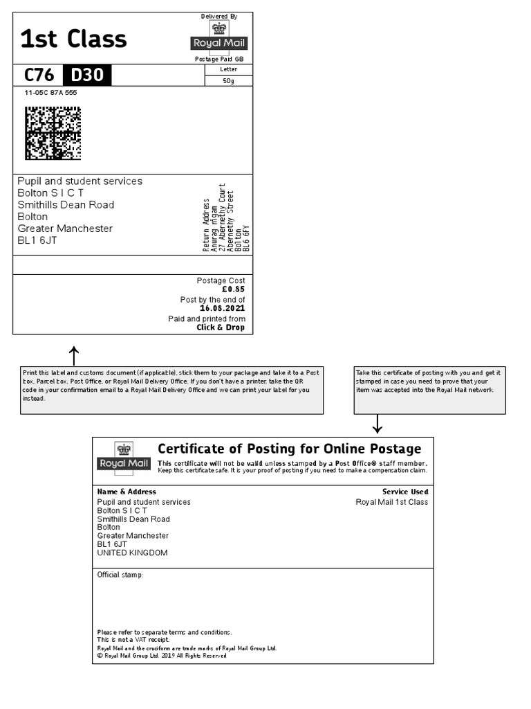 1st Class Certificate of Posting For Online Postage PDF Mail Postal System