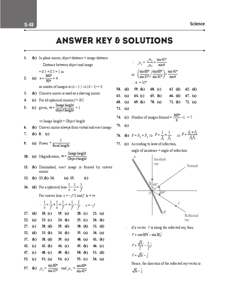 Answer Key & Solutions Science PDF Refraction Refractive Index
