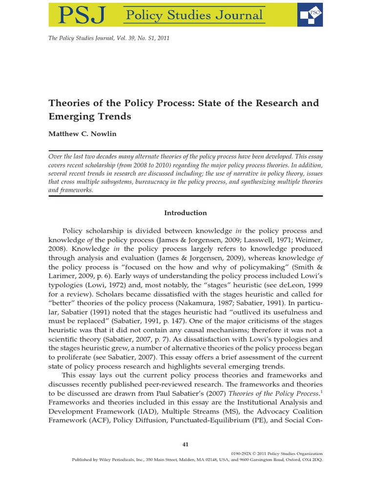 Nowlin, Matthew C. (2011) Theories of The Policy Process | PDF ...