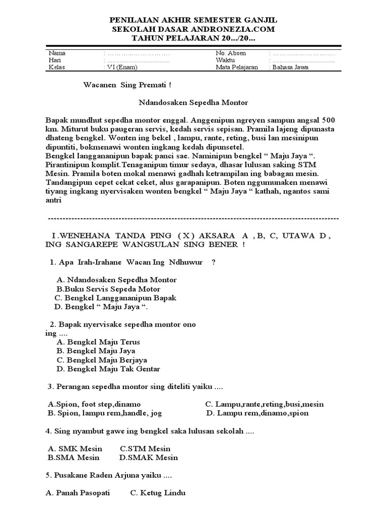 Jawaban 45 soal TKA bahasa Jawa kelas 6 wulangan sekolah semester 2, pilihan - essay ujian akhir