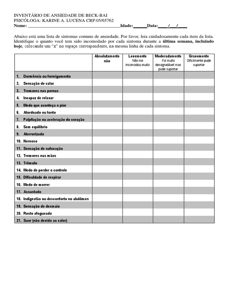 Inventário de Ansiedade de Beck | PDF