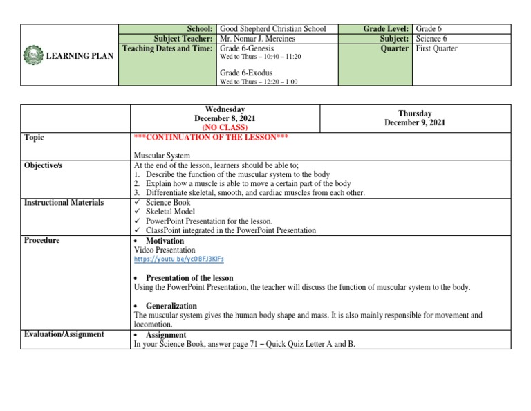 Learning-Plan Science 6 - December 8&9 | PDF