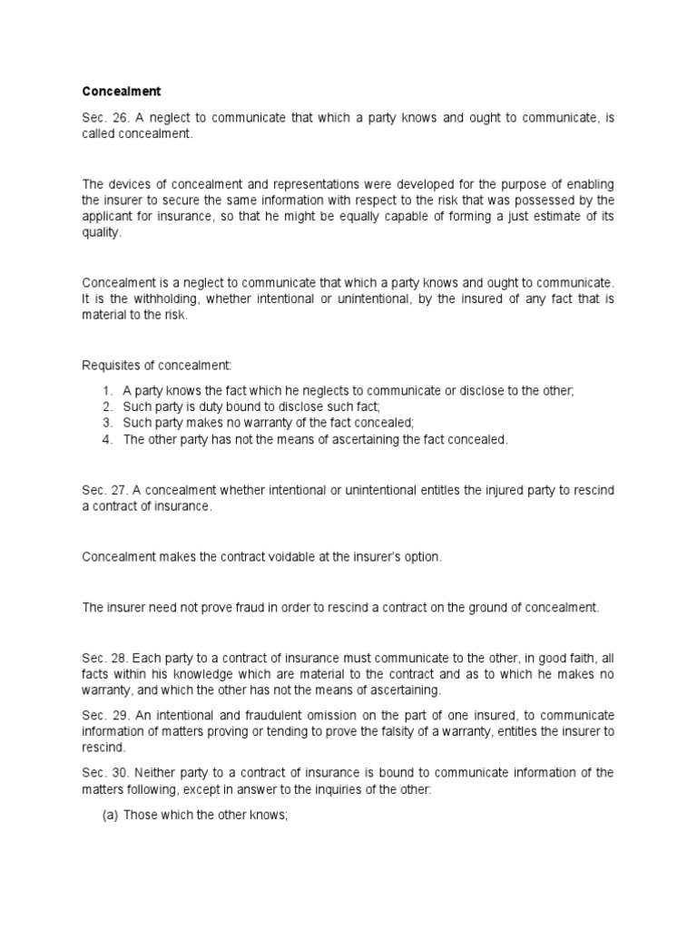 Concealment Notes PDF Misrepresentation Insurance