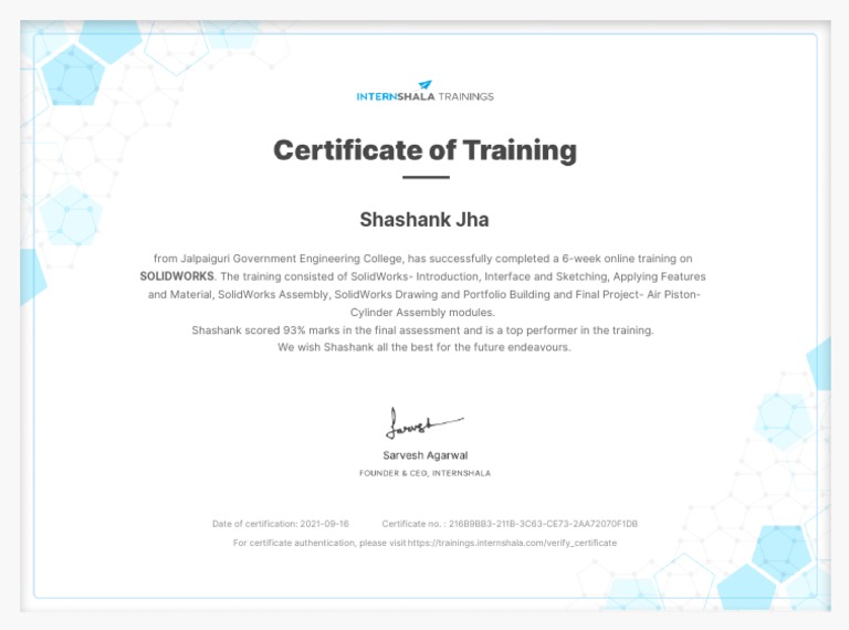 SOLIDWORKS Training Certificate of Completion PDF