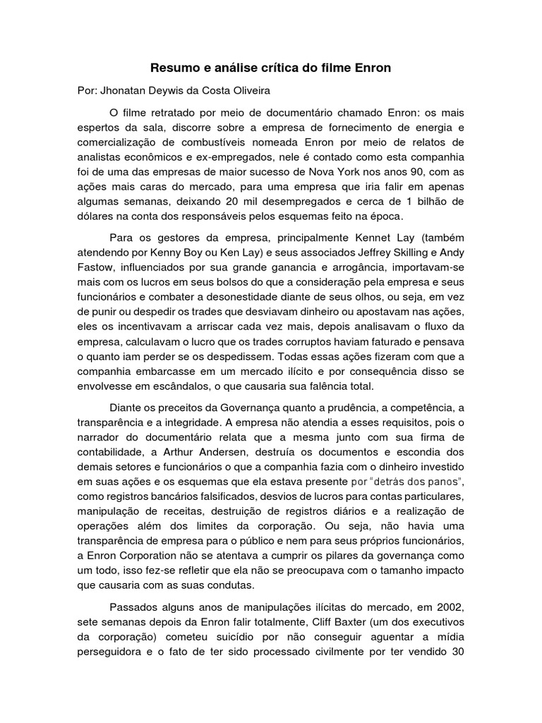 Resumo e Análise Crítica Do Filme Enron | PDF | Corporações | Enron