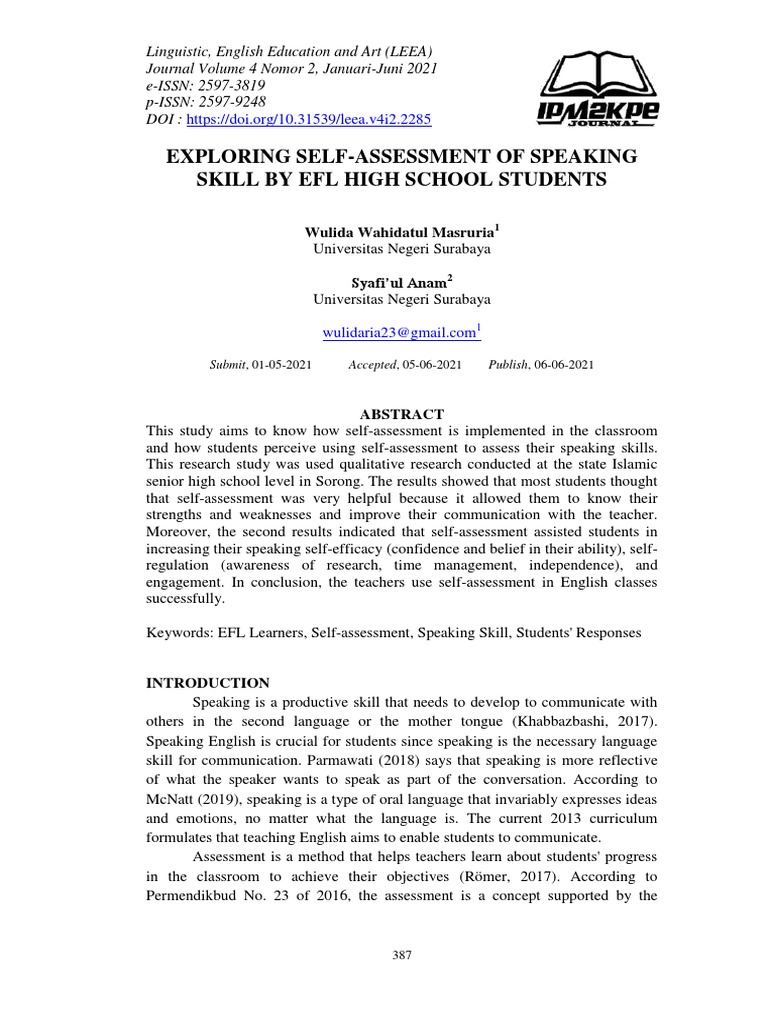 Self-Assessment in EFL Speaking Skills | PDF | Educational Assessment ...