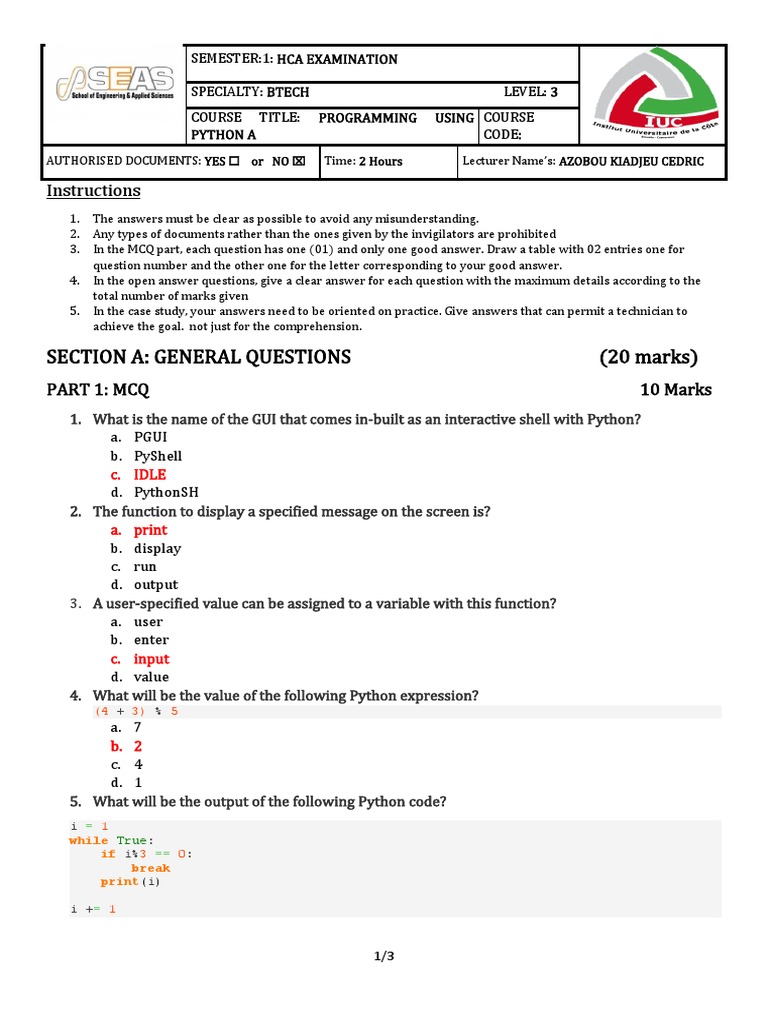 HCA Paper Exam For Python Programming Making Guide | PDF | Object ...