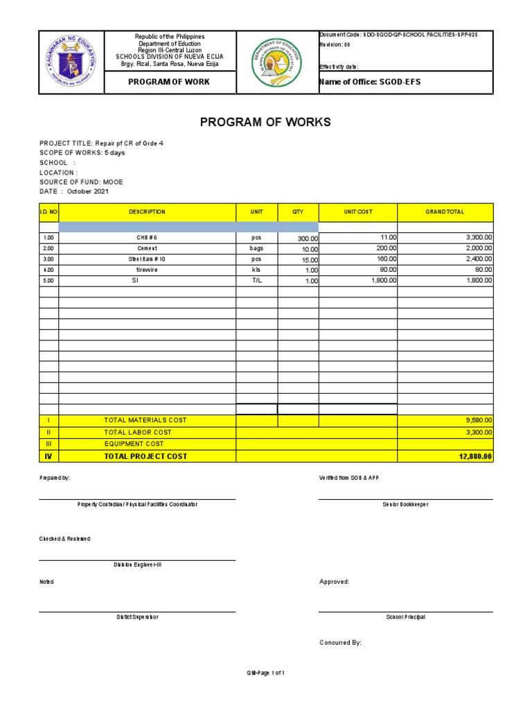 Program of Works: Program of Work Name of Office: SGOD-EFS | PDF ...
