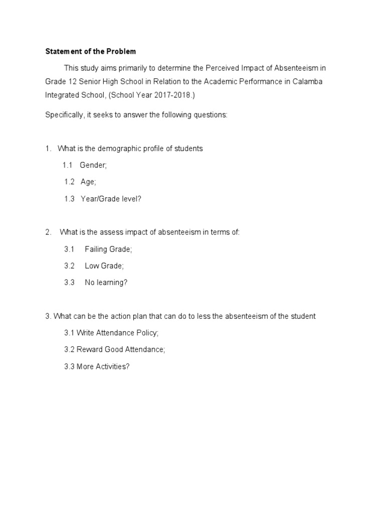 Statement of The Problem | PDF | Survey Methodology | Psychological ...