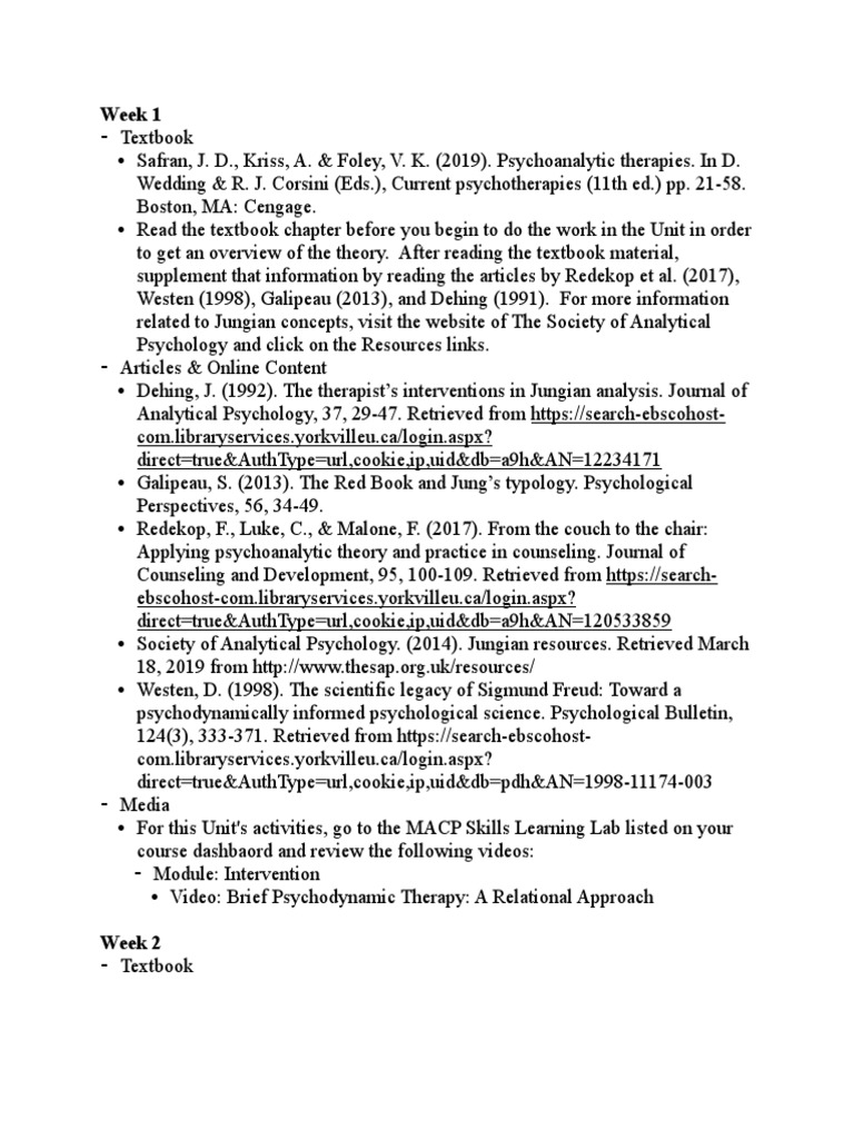 PSYC6153 - Weekly Reading List | PDF | Psychotherapy | Analytical ...