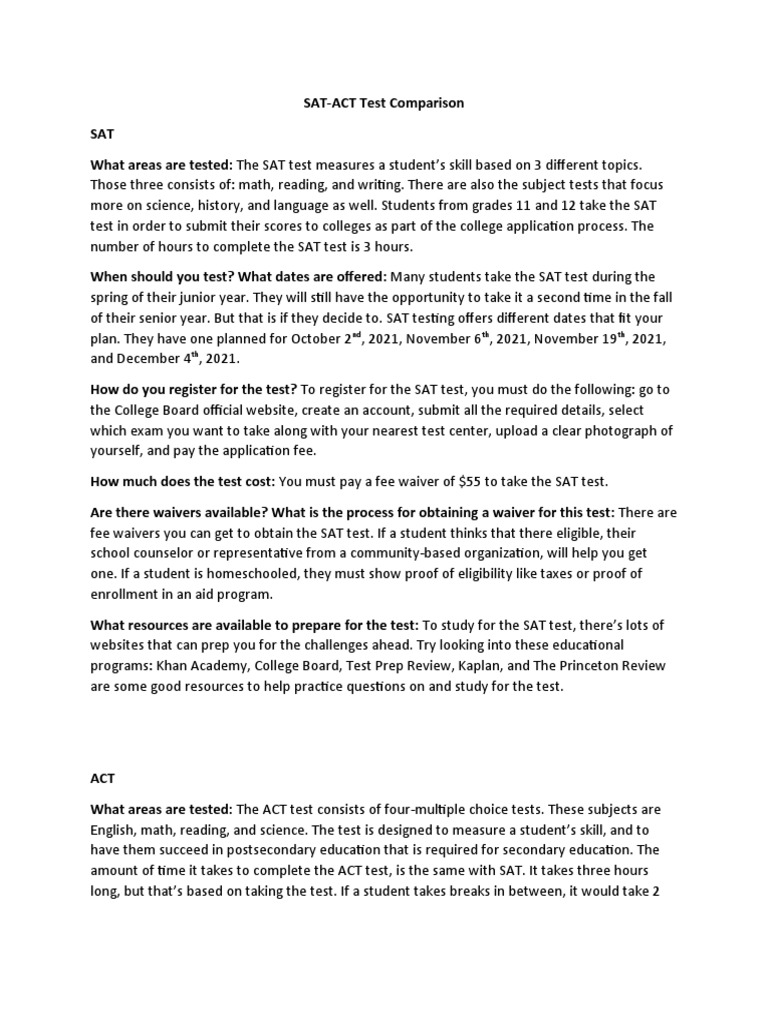 SatAct Test Comparison PDF Sat Act (Test)