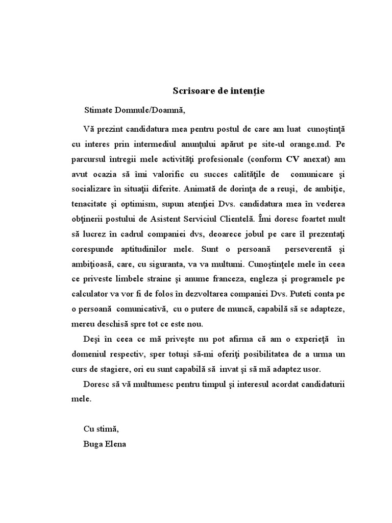 scrisoare de intentie