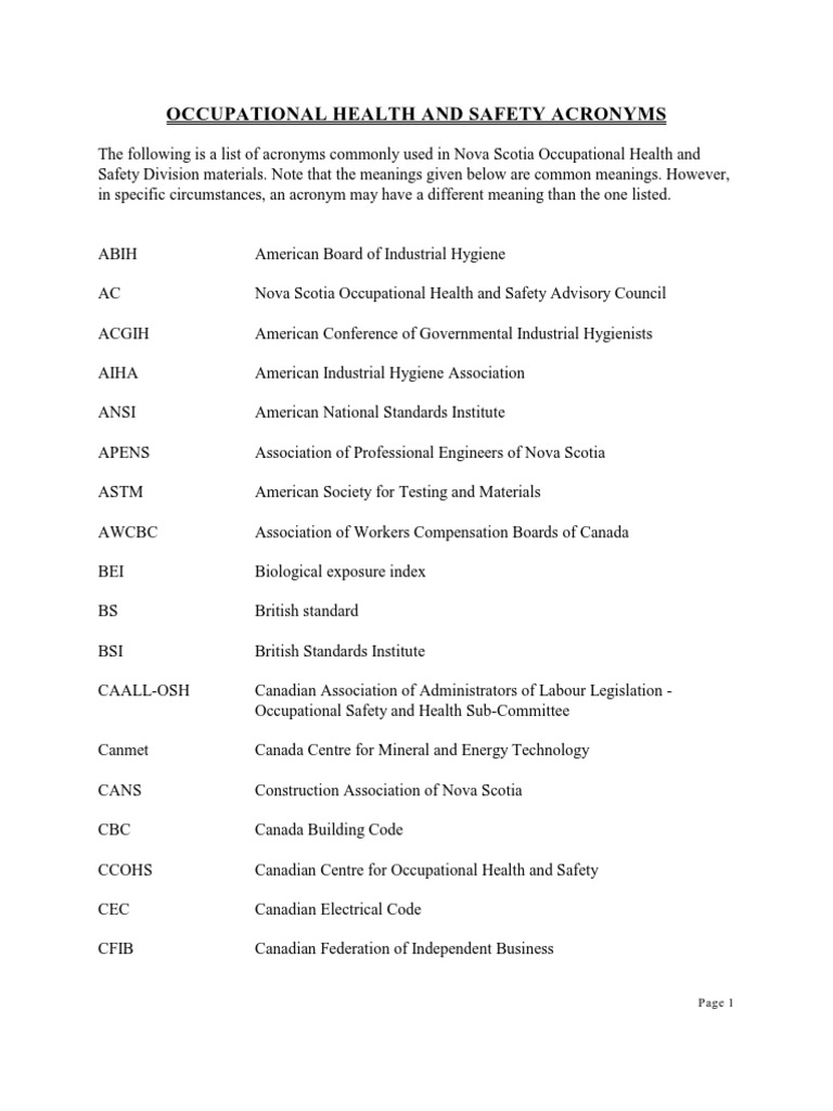 Occupational Health and Safety Acronyms PDF Occupational Safety And