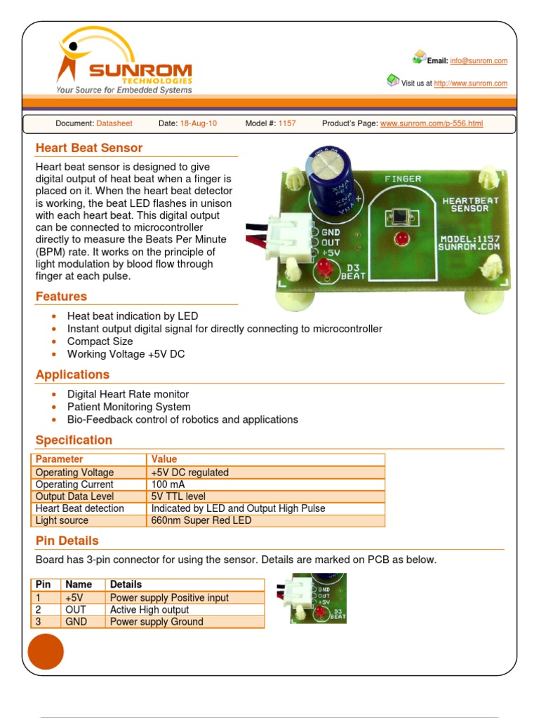 Heart Beat Sensor Datasheet Summary | PDF | Power Supply | Sensor