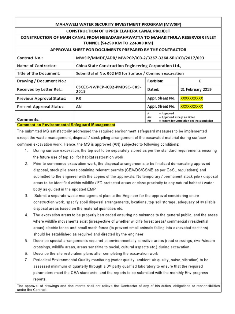 Upper Elahera Canal Excavation Method Statement | PDF | Surface Runoff