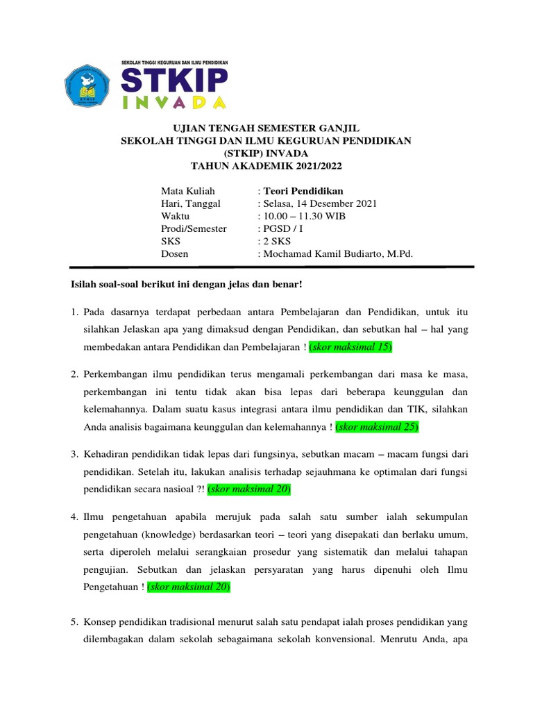 Ujian Teori Pendidikan STKIP Invada | PDF | Karier & Perkembangan