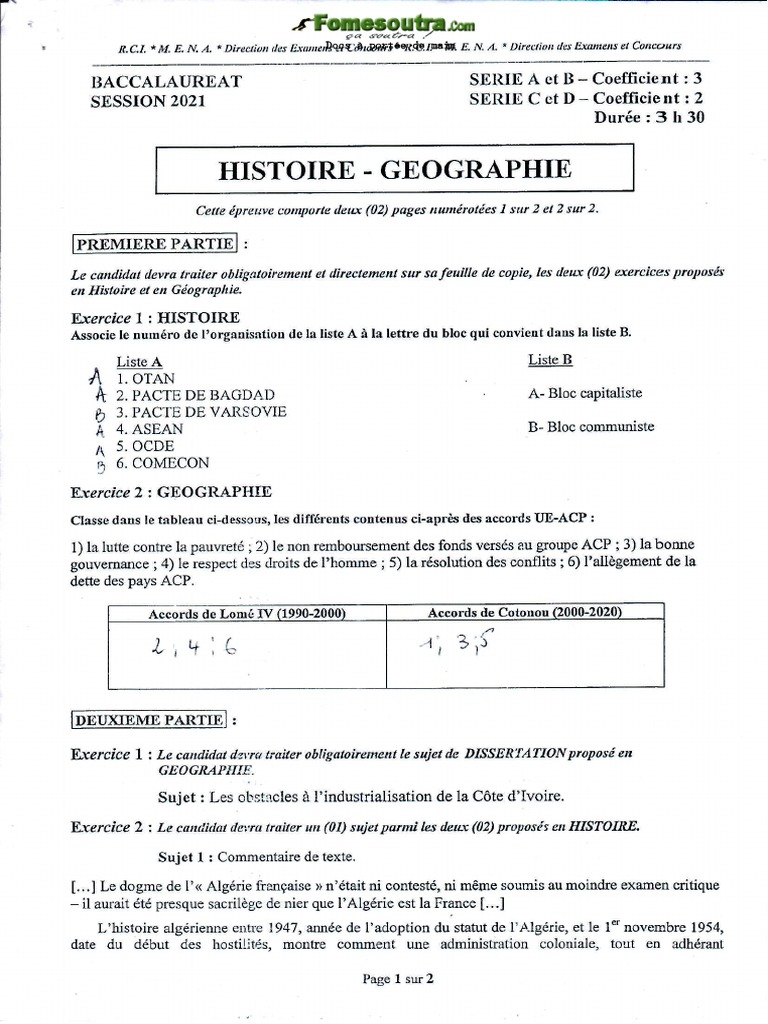 Sujet Histoire Brevet 2022 Fuite Pdf Histoire-Géographie A-B-C Et D | PDF | Algérie | Économie