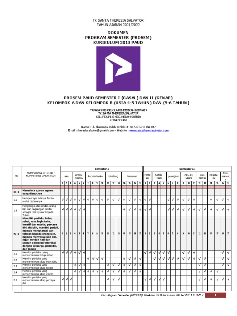 Prosem TK A 4-5 Tahun k13 Semester 1,2 | PDF