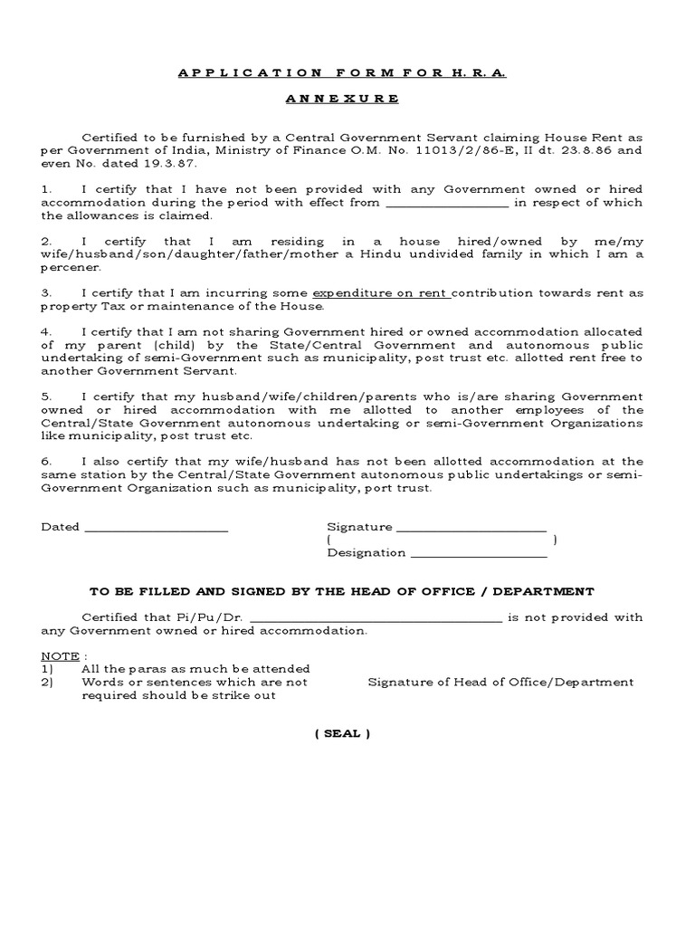 HRA Application Form for Government Employees | PDF | Finance & Money ...